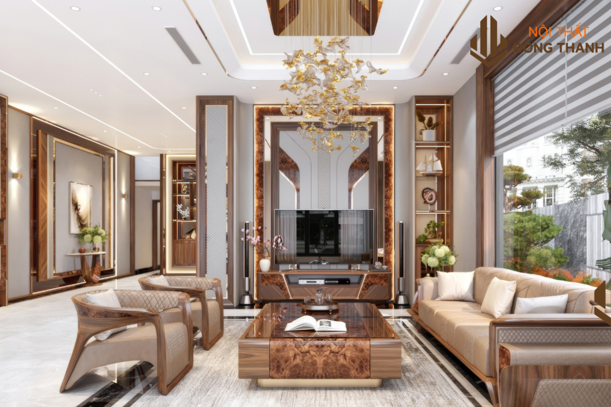 Phòng khách thiết kế vân gỗ tự nhiên độc đáo