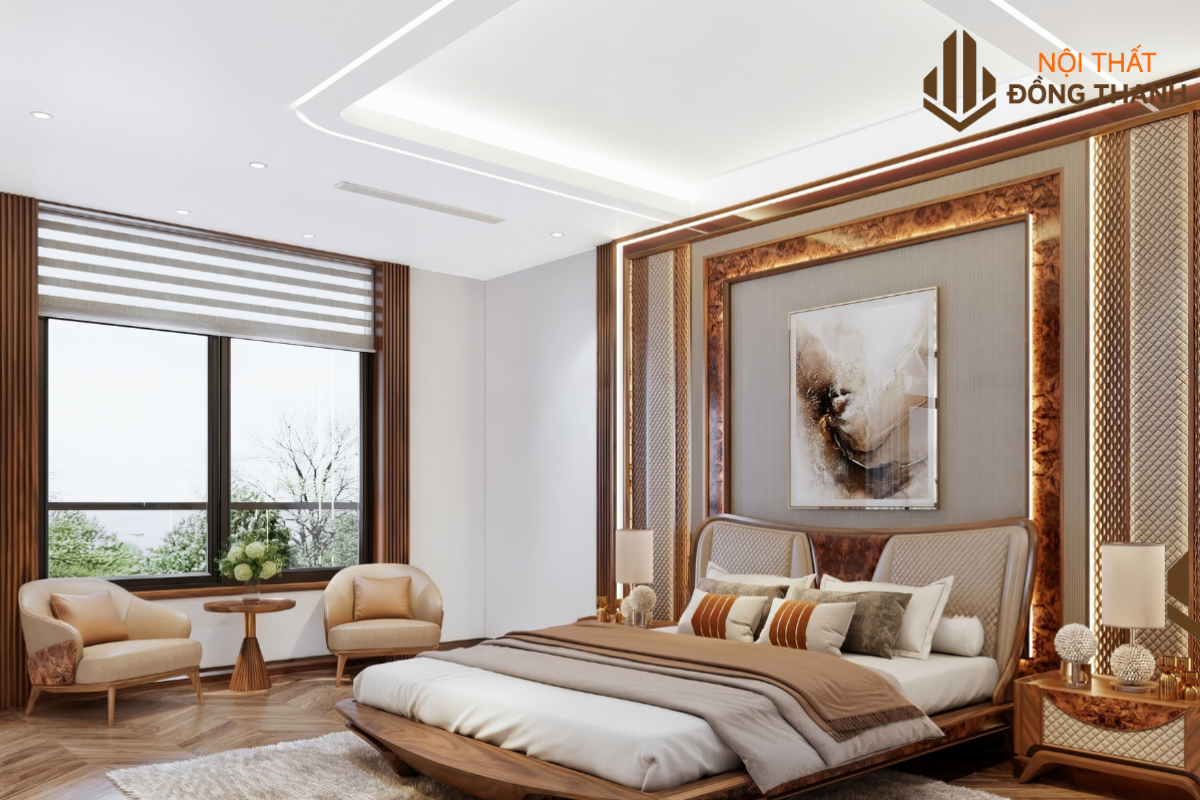 Phòng ngủ master với giường bo góc tròn độc đáo