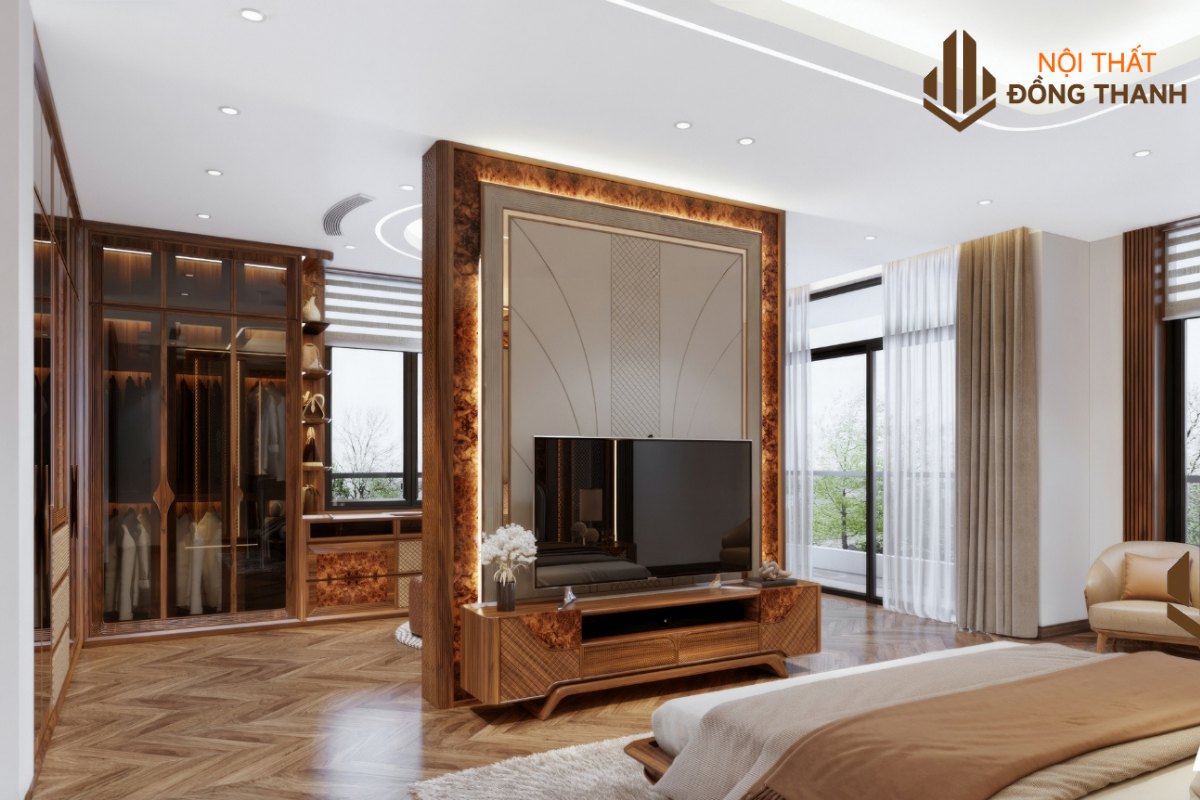 Vách đầu giường kết hợp gỗ tự nhiên sang trọng