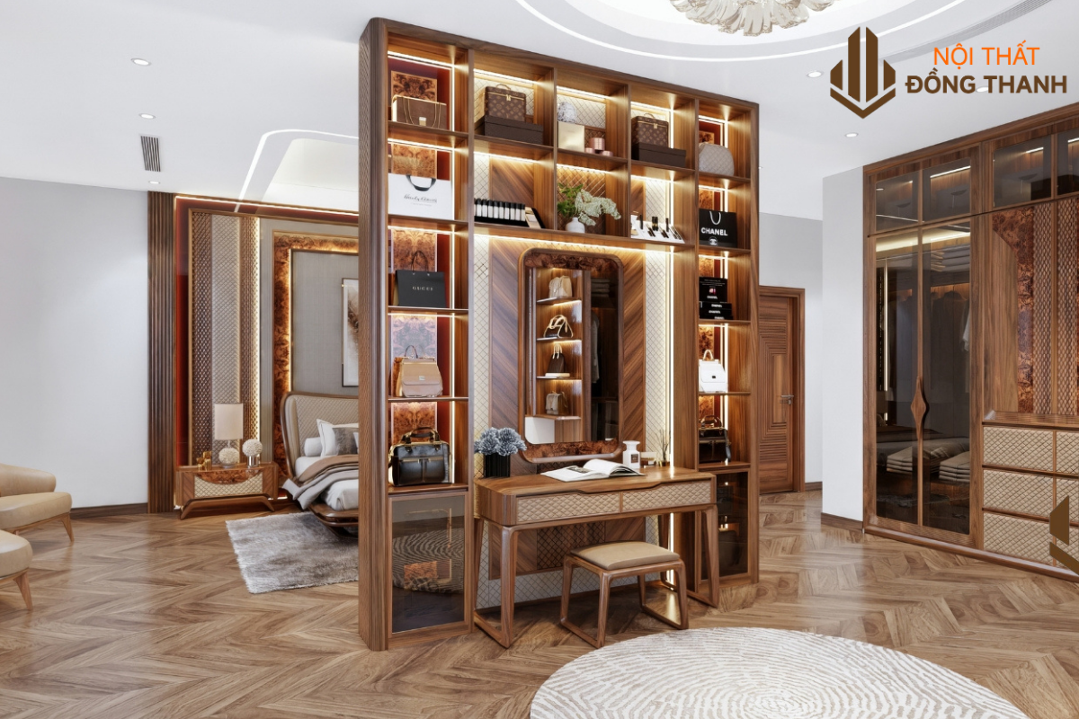 Phòng ngủ master với giường bo góc tròn độc đáo