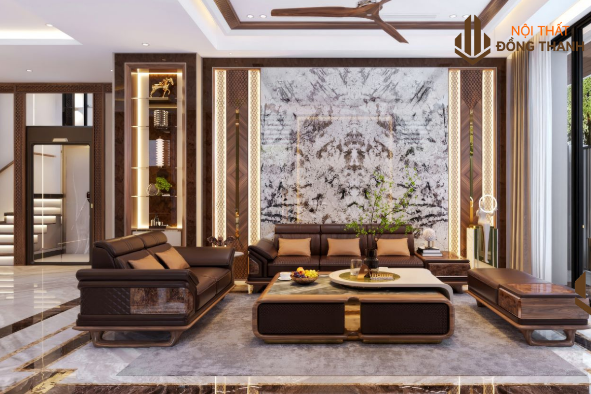 Thiết kế phòng khách với bộ sofa gỗ óc chó