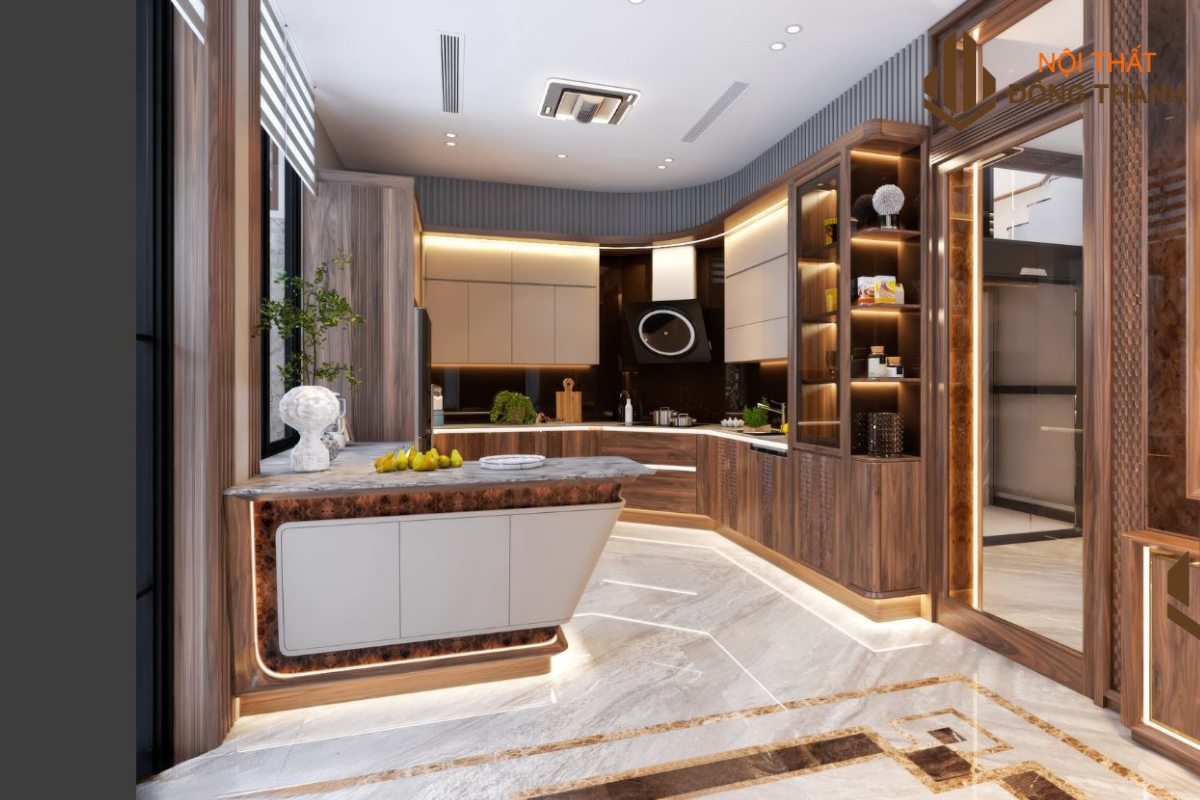 Không gian phòng bếp với hệ tủ cao, đèn led âm