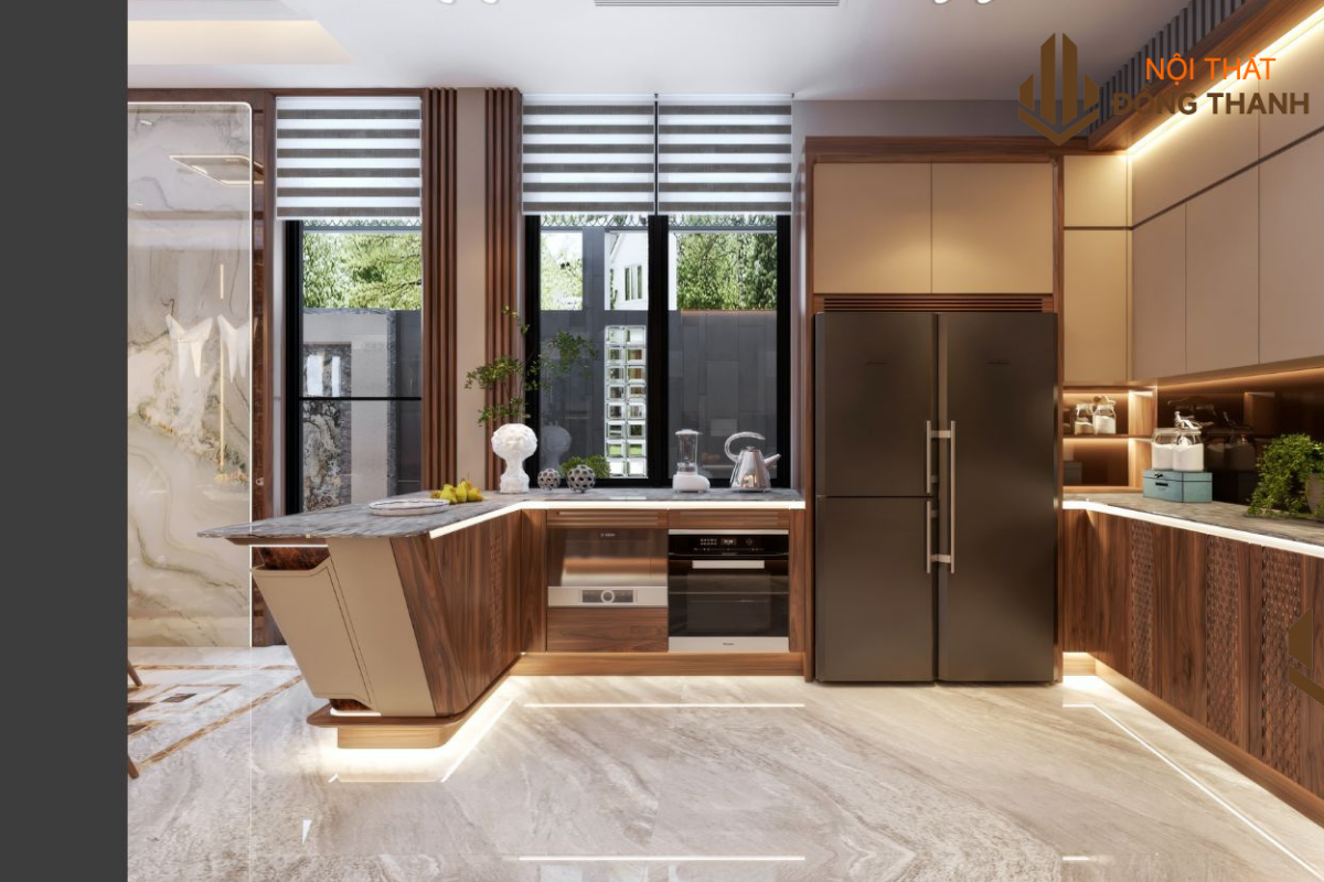 Quầy bar nhỏ tạo điểm nhấn cho không gian phòng bếp