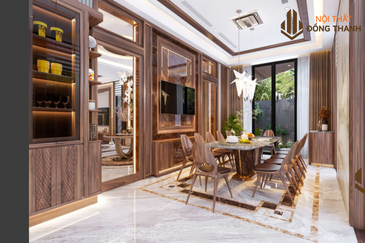 Hệ tủ rượu tinh tế được đặt cạnh không gian phòng ăn