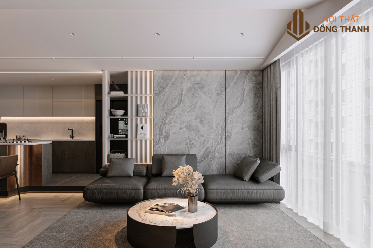 Sofa bọc nỉ kết hợp với bàn đá tự nhiên đơn giản