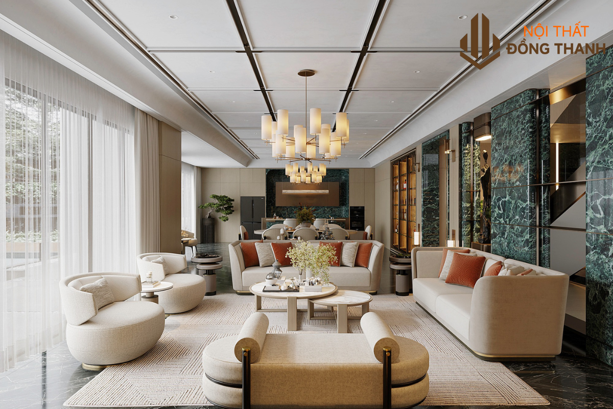 Không gian có ánh sáng tự nhiên và đèn chùm, decor thảm lớn