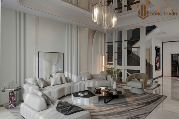 Tone màu trắng be kết hợp cùng vân gỗ trong phòng khách 