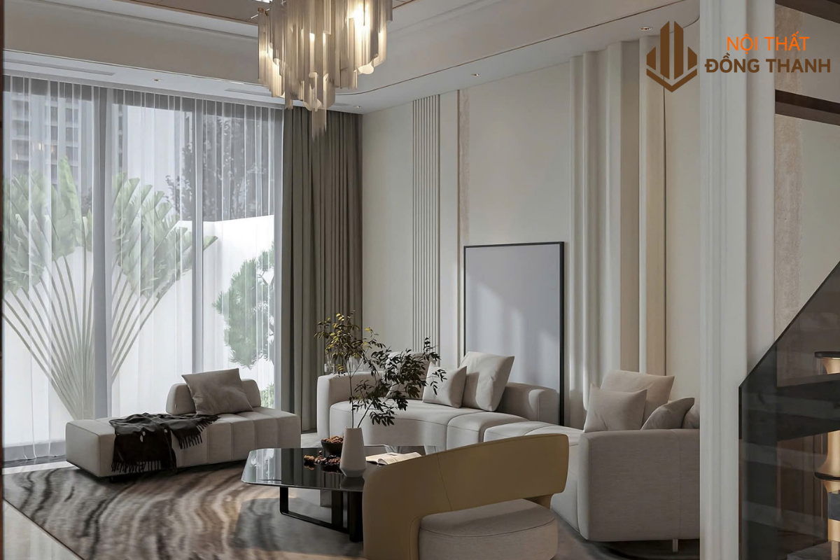 Tone màu trắng be kết hợp cùng vân gỗ trong phòng khách