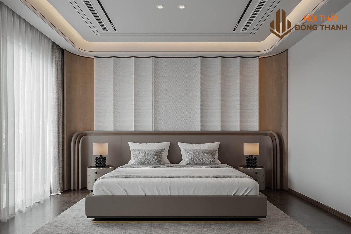 Phòng ngủ với giường bọc nỉ, vách đầu giường phong cách hiện đại