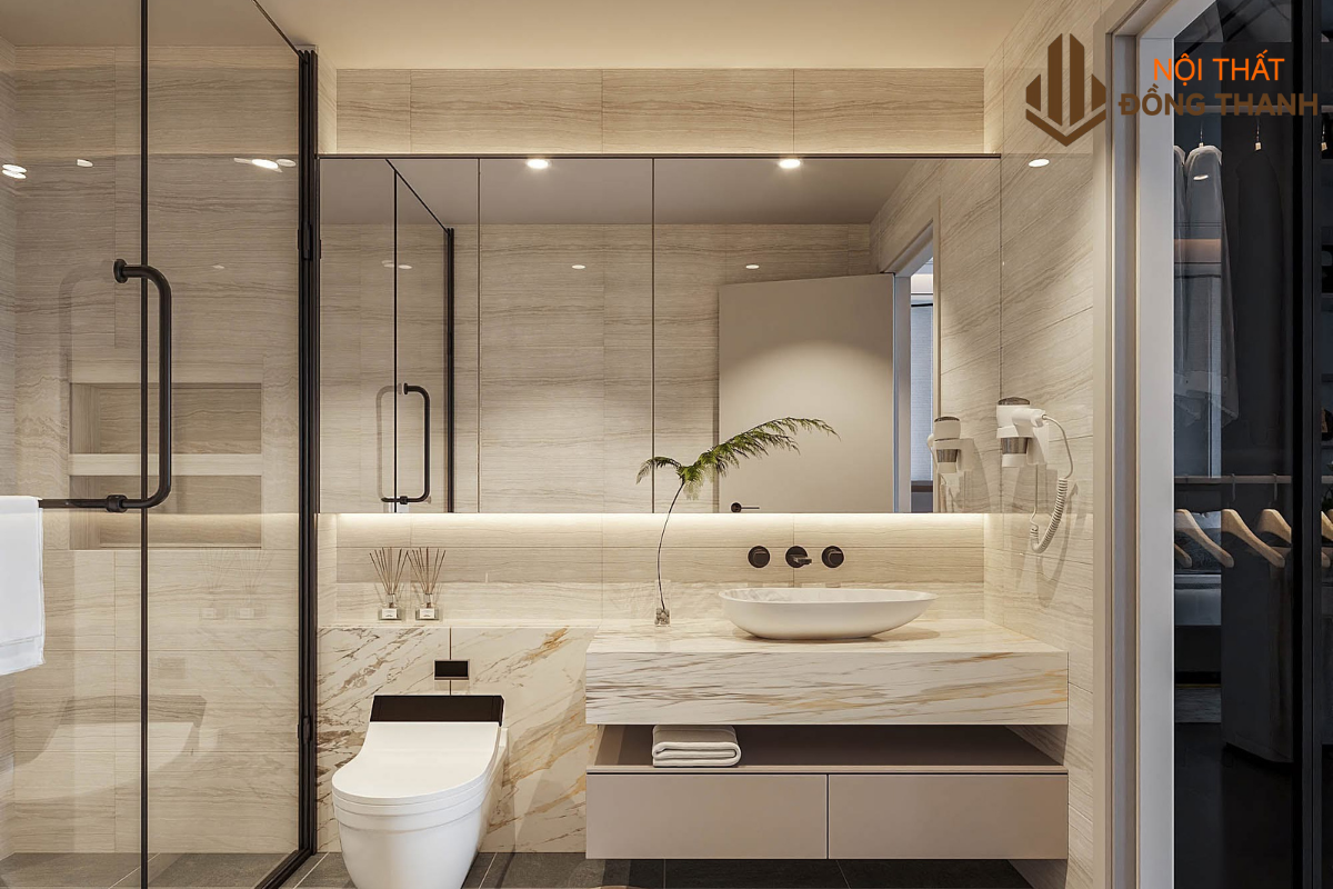 Không gian phòng tắm thiết kế với dạng kính mờ
