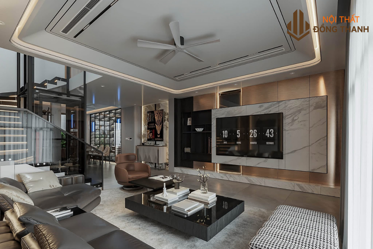 Bộ sofa cùng bàn đá thấp kết hợp với thảm trải sàn