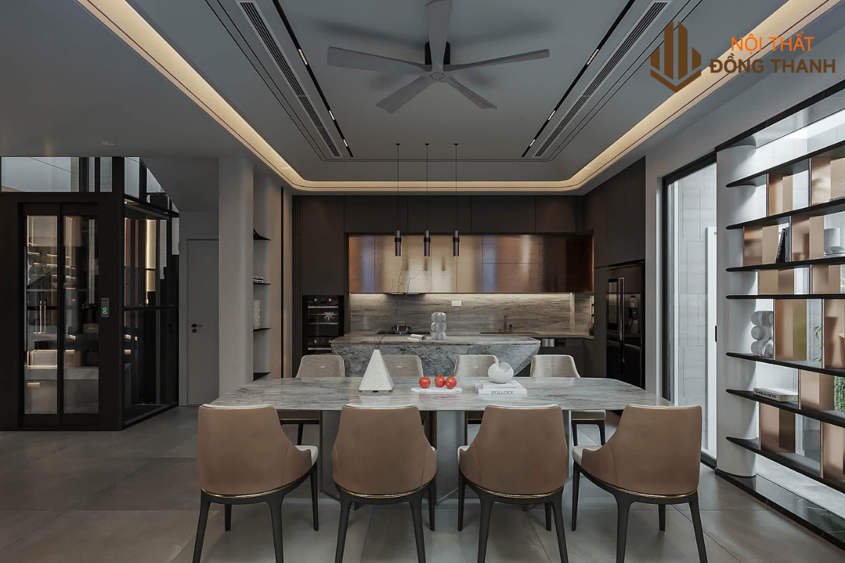 Bộ bàn ăn dài với mặt đá sang trọng