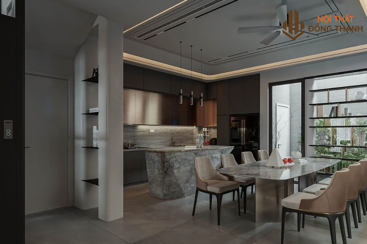 Không gian bếp và bàn ăn được tách biệt
