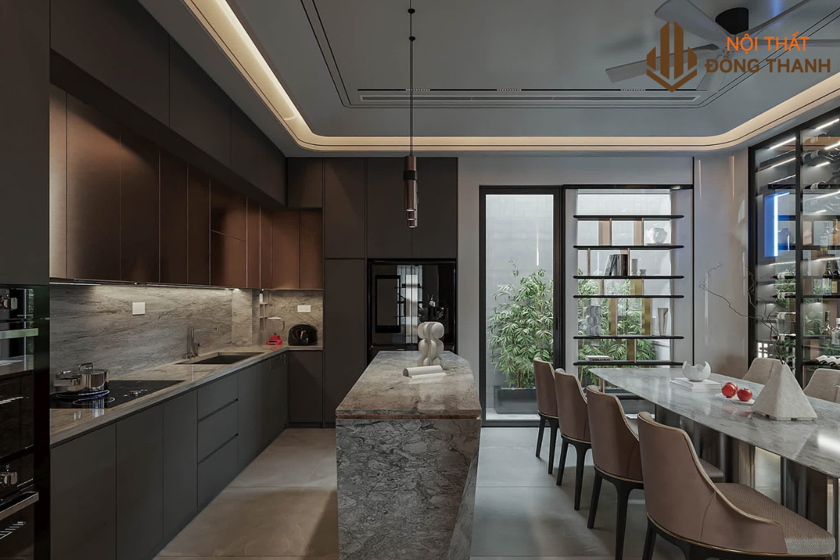 Tủ bếp chữ L dài thoải mái khi gia chủ nấu ăn