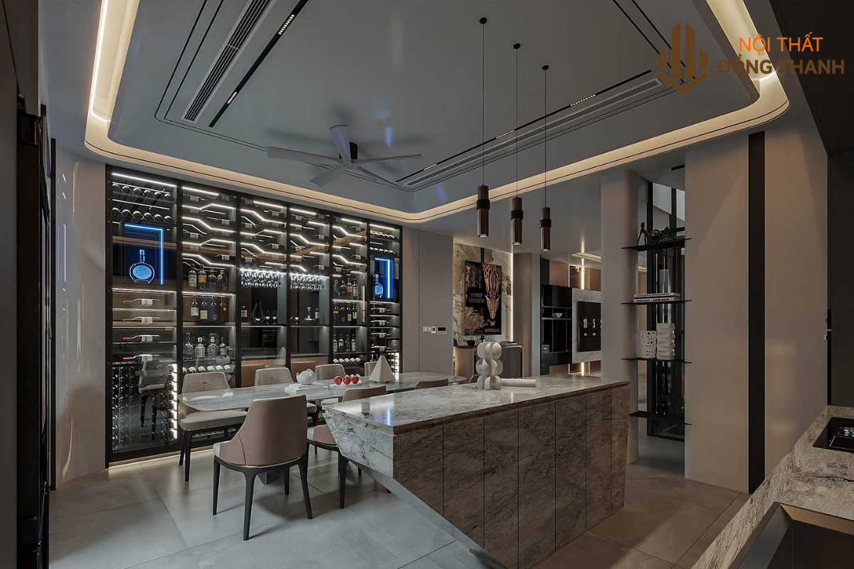 Không gian tủ rượu rộng lớn kết hợp cùng đèn led