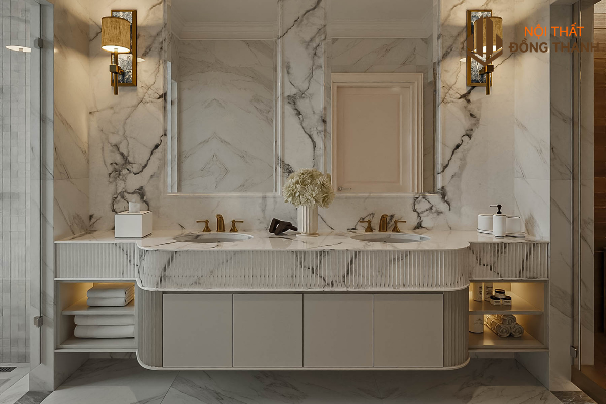 Sử dụng đá cẩm thạch cao cấp với gương đèn led
