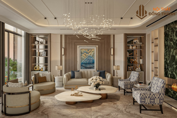 Nổi bật với tone màu be nâ chủ đạo kết hợp với tranh trang trí xanh