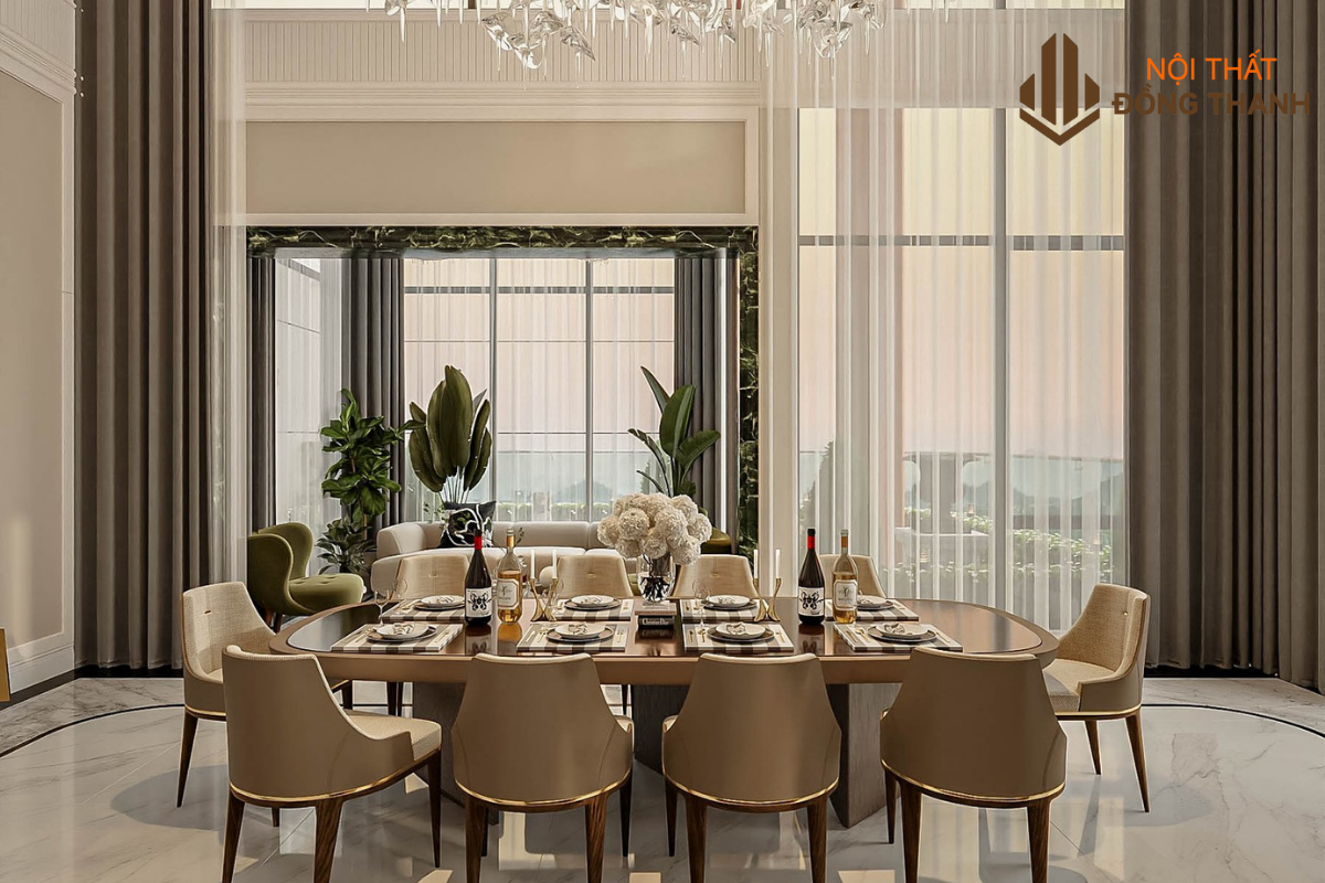 Phòng ăn được sắp xếp hợp lý liền kề với khu vực phòng khách