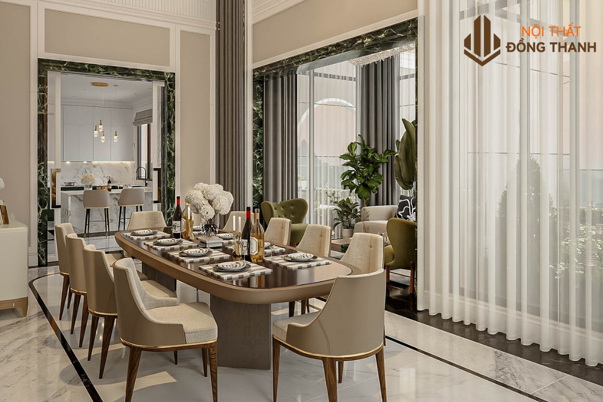 Bàn tiệc lớn phù hợp khi tiếp đón bạn bè, người thân