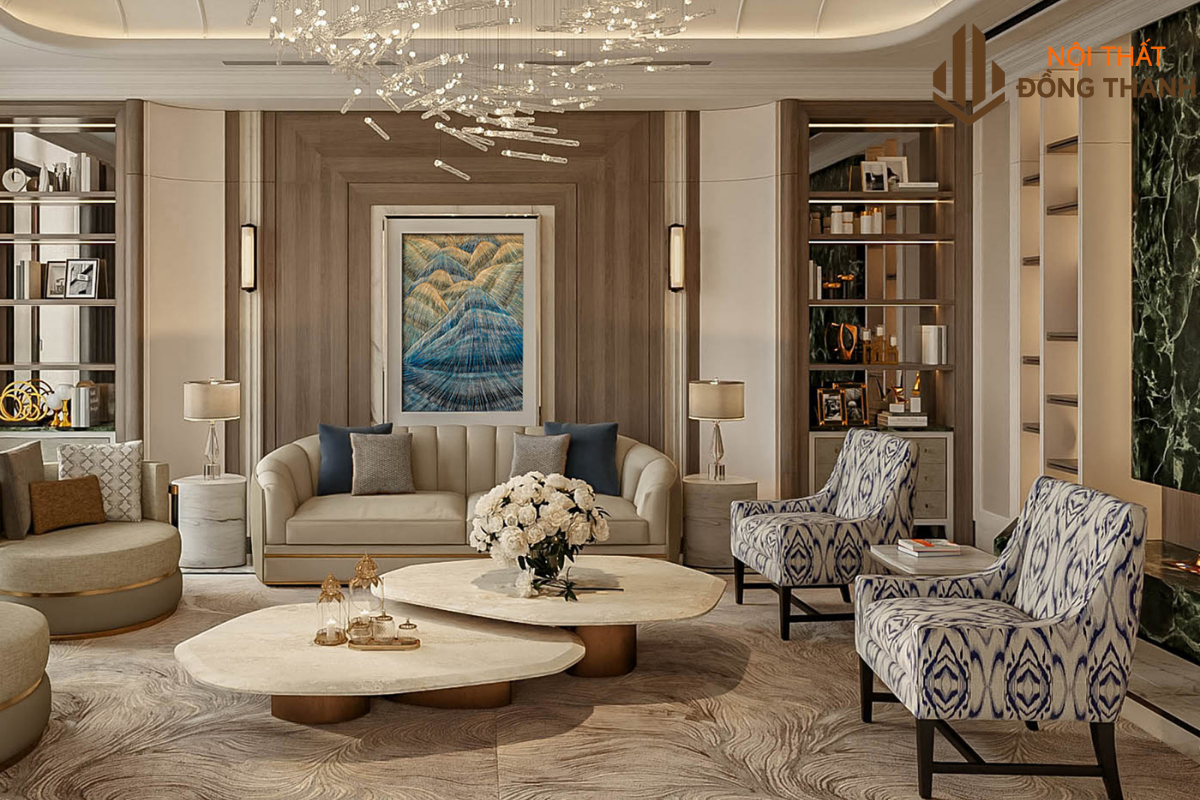 Không gian phòng khách được thiết kế với cảm hứng Đại Dương