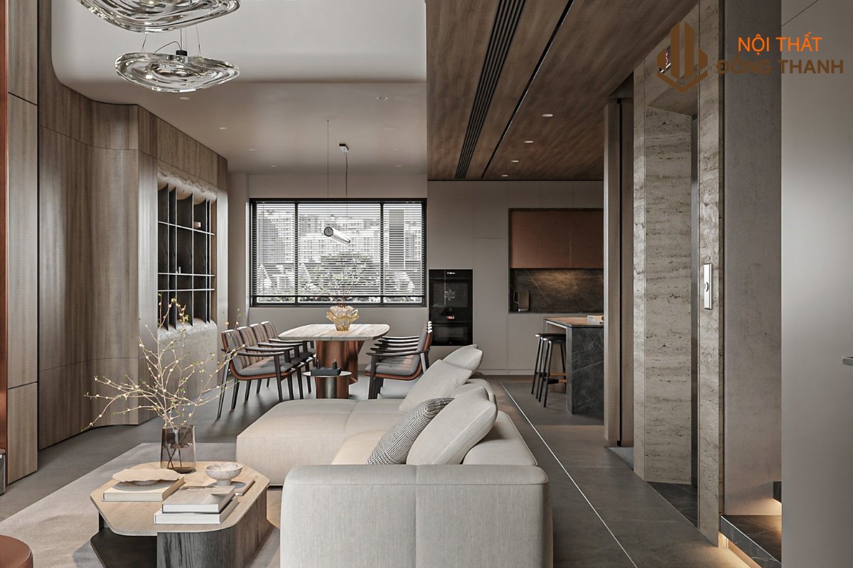 Nội thất với sofa, kệ ti vi và trần ốp gương