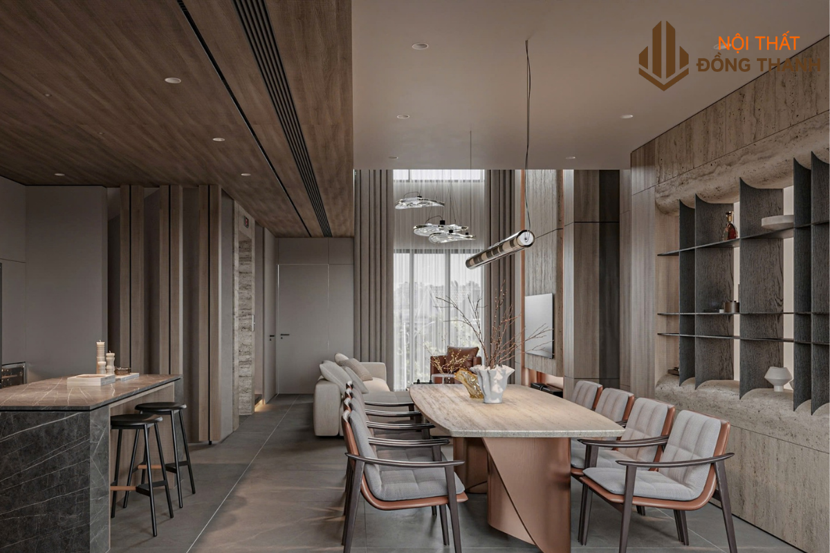 Bộ bàn ghế cùng đèn led âm trần tạo điểm nhấn