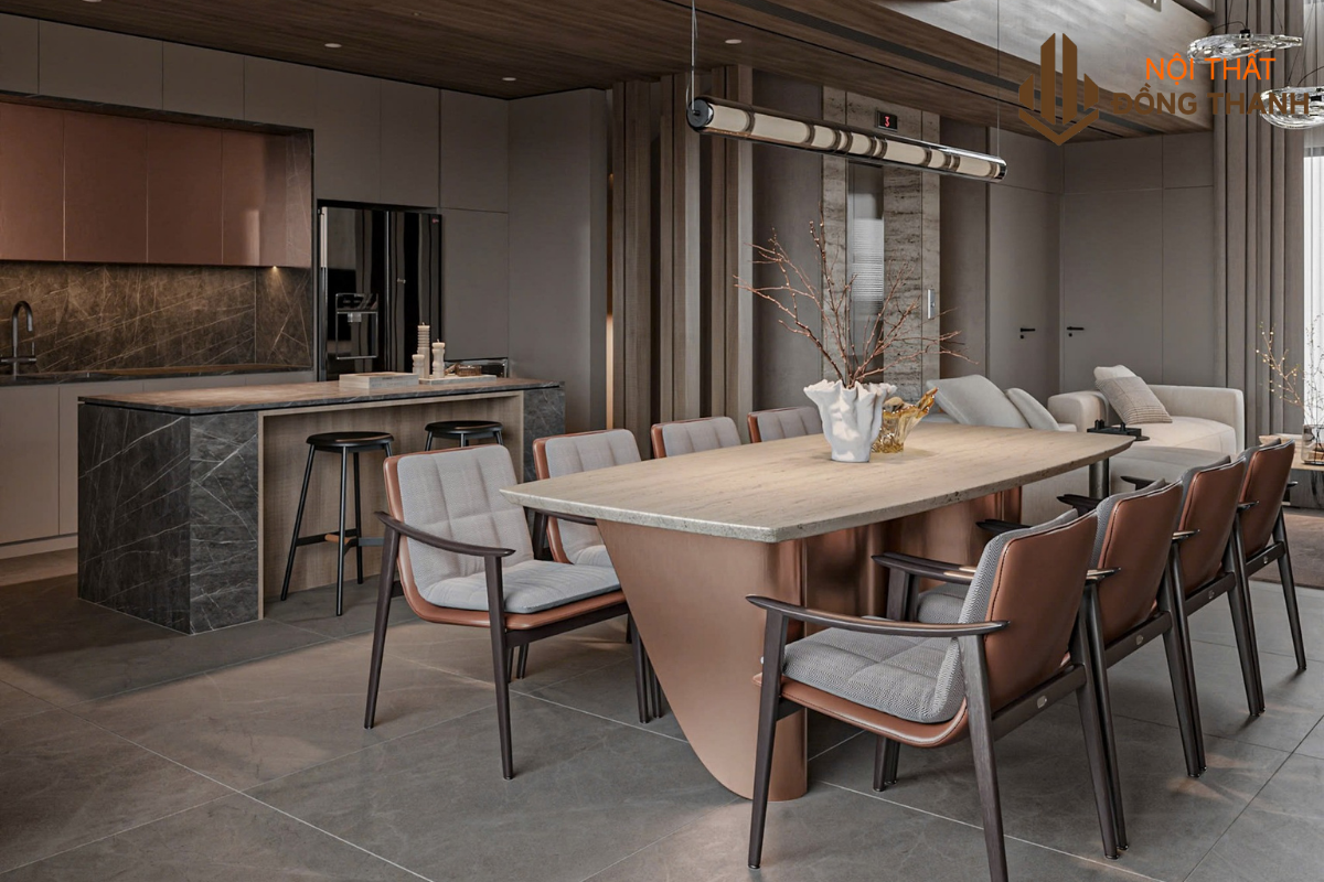 Phòng ăn được thiết kế với tone màu trung tính