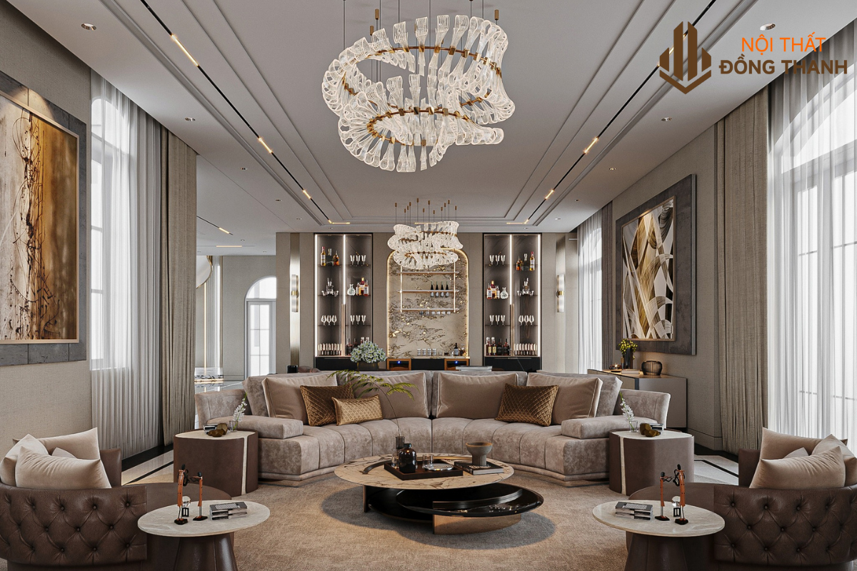 Phòng khách Luxury rộng rãi với sofa sắp xếp bán nguyệt