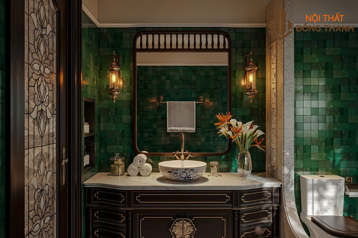 Gương viền đồng cùng hệ lavabo nhỏ, kệ gỗ chống nước