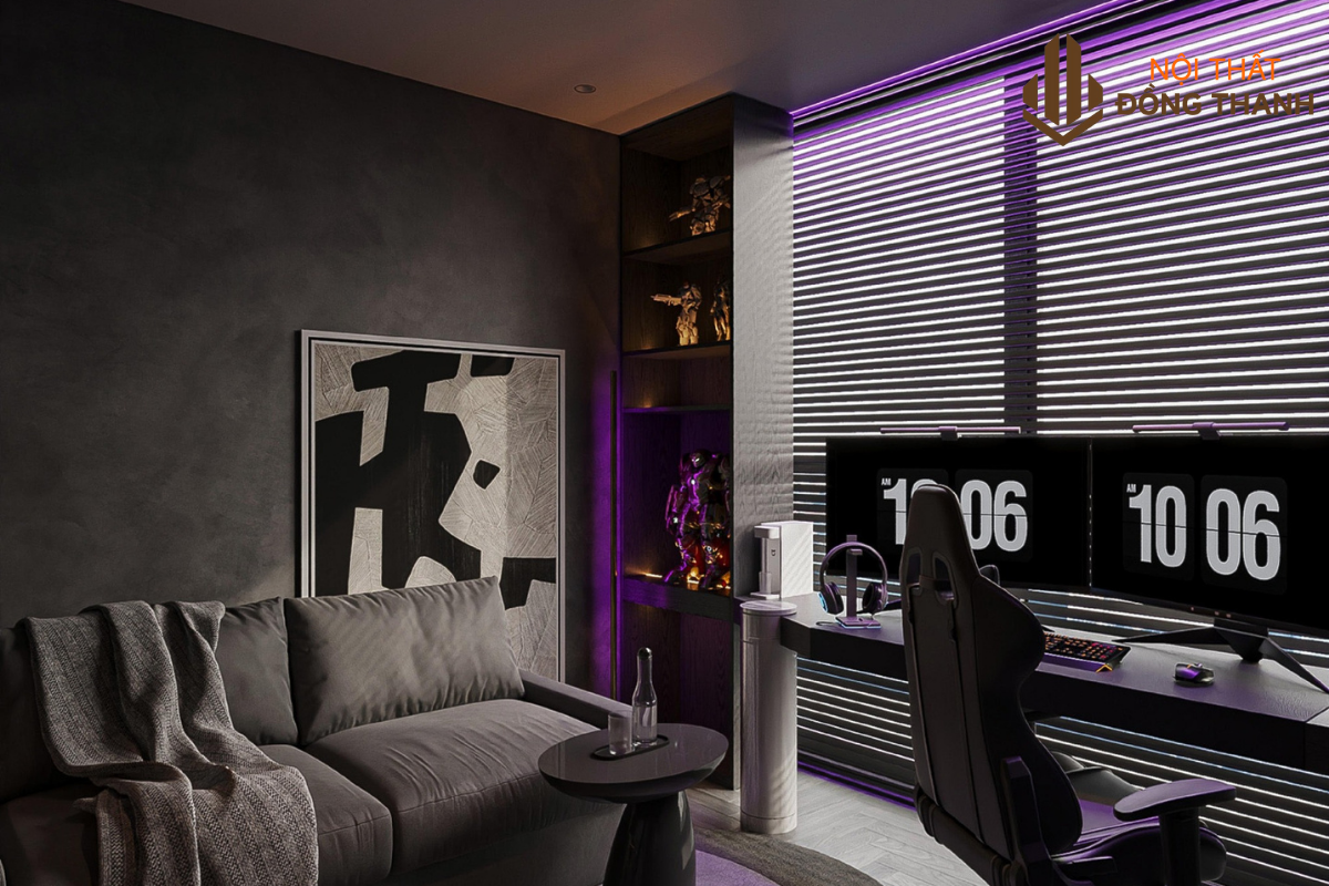 Có bàn học, giải trí và cửa sổ rèm kéo đơn giản