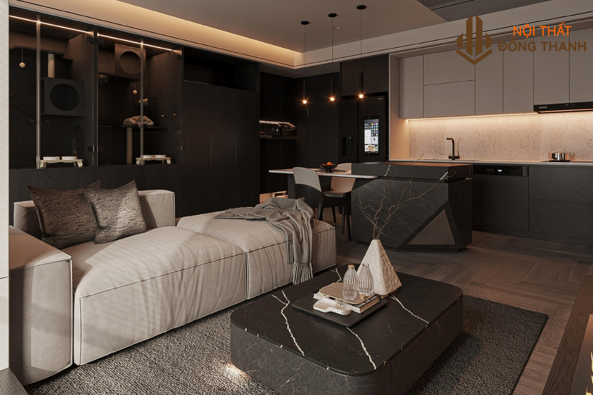 Sofa bọc nỉ dày đặt tại vị trí trung tâm của căn hộ