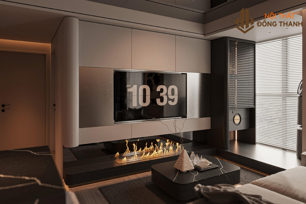 Hệ vách tivi nhỏ gọn được làm âm tường để tiết kiệm diện tích