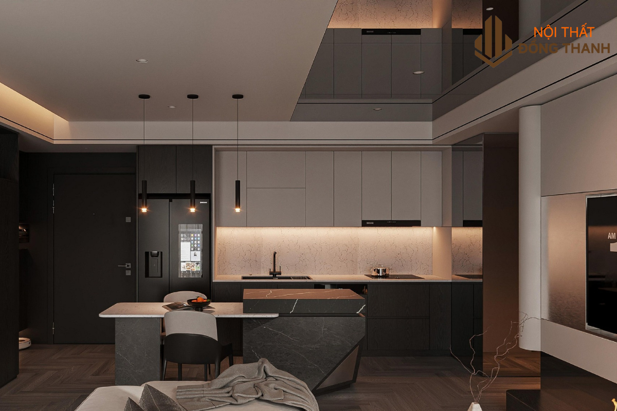 Phòng bếp được làm liền kề phòng khách đảm bảo tối ưu diện tích