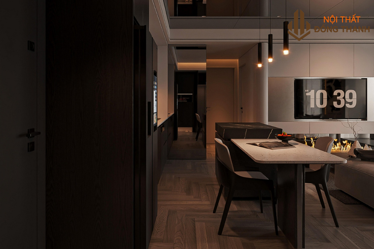 Bàn ăn nhỏ kết hợp với hệ đèn thả màu vàng ấm áp