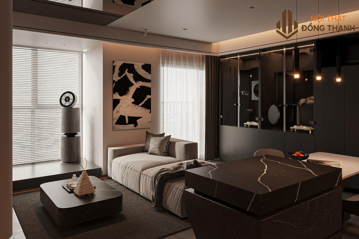 Phòng khách thiết kế với tone màu trầm chủ đạo