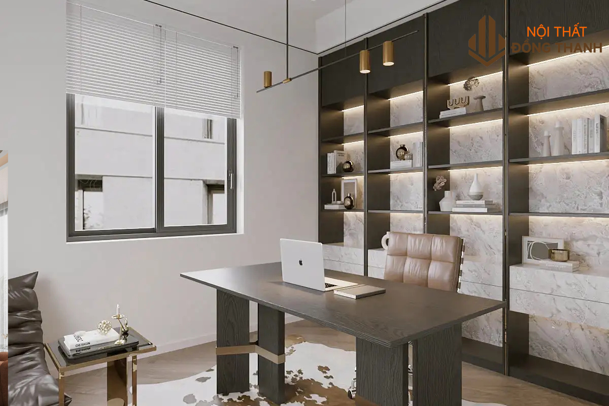 Tối ưu công năng phòng làm việc với bàn và kệ tủ