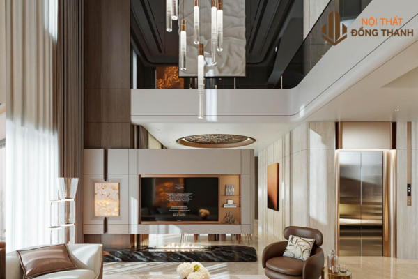 Phòng khách được thiết kế thông tầng tinh tế