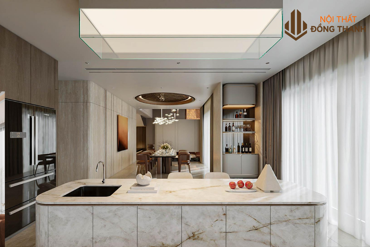 Phòng bếp được thiết kế liền mạch tạo cảm giác thoáng