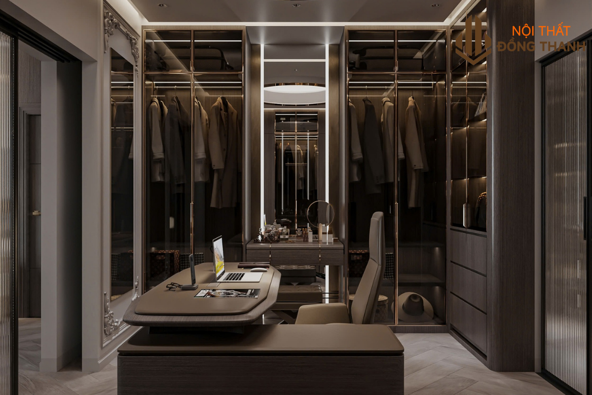 Không gian thay đồ với tủ quần áo được làm kịch trần