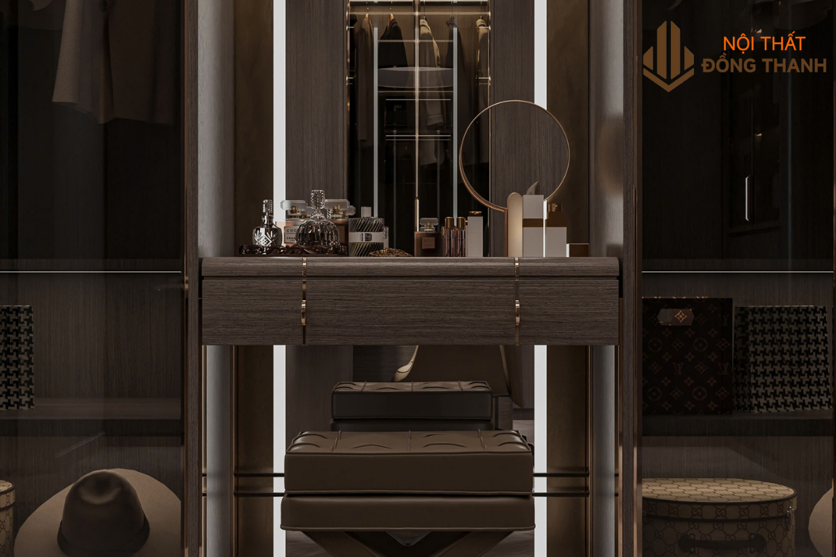 Bàn trang điểm gọn gàng cùng đèn led