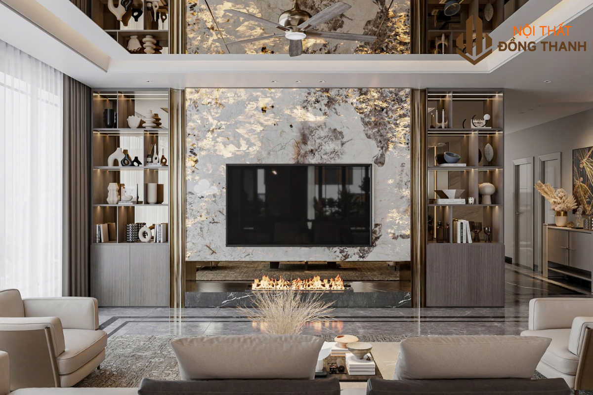 Hệ vách tivi ốp vân đá ánh kim sang trọng