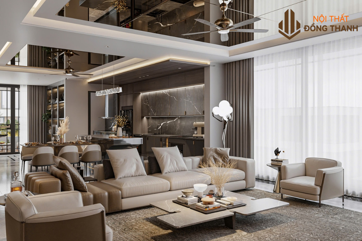 Sofa cùng đồ nội thất cao cấp theo tone màu be - nâu và đen