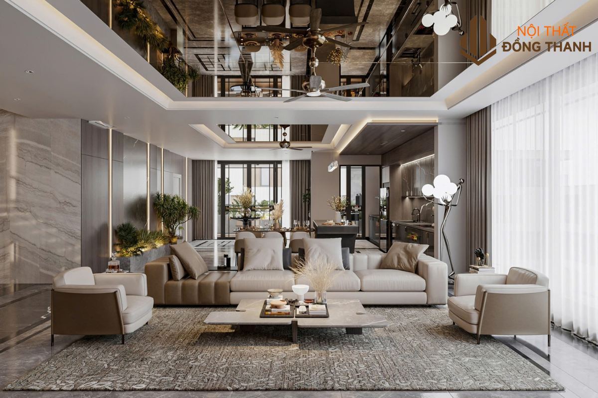 Không gian phòng khách rộng rãi với trần ốp gương