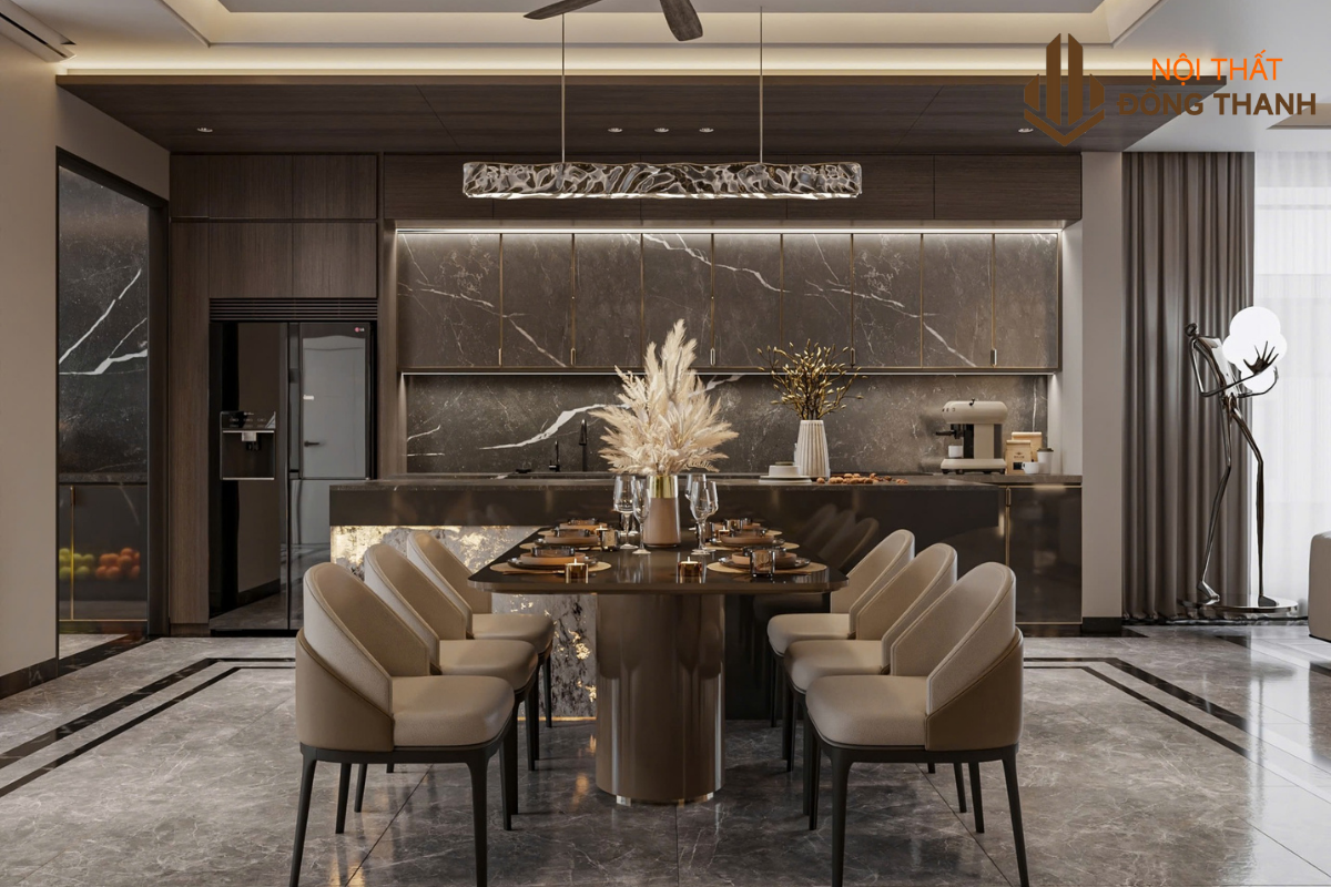 Khu vực bếp và bàn ăn được thiết kế tinh tế