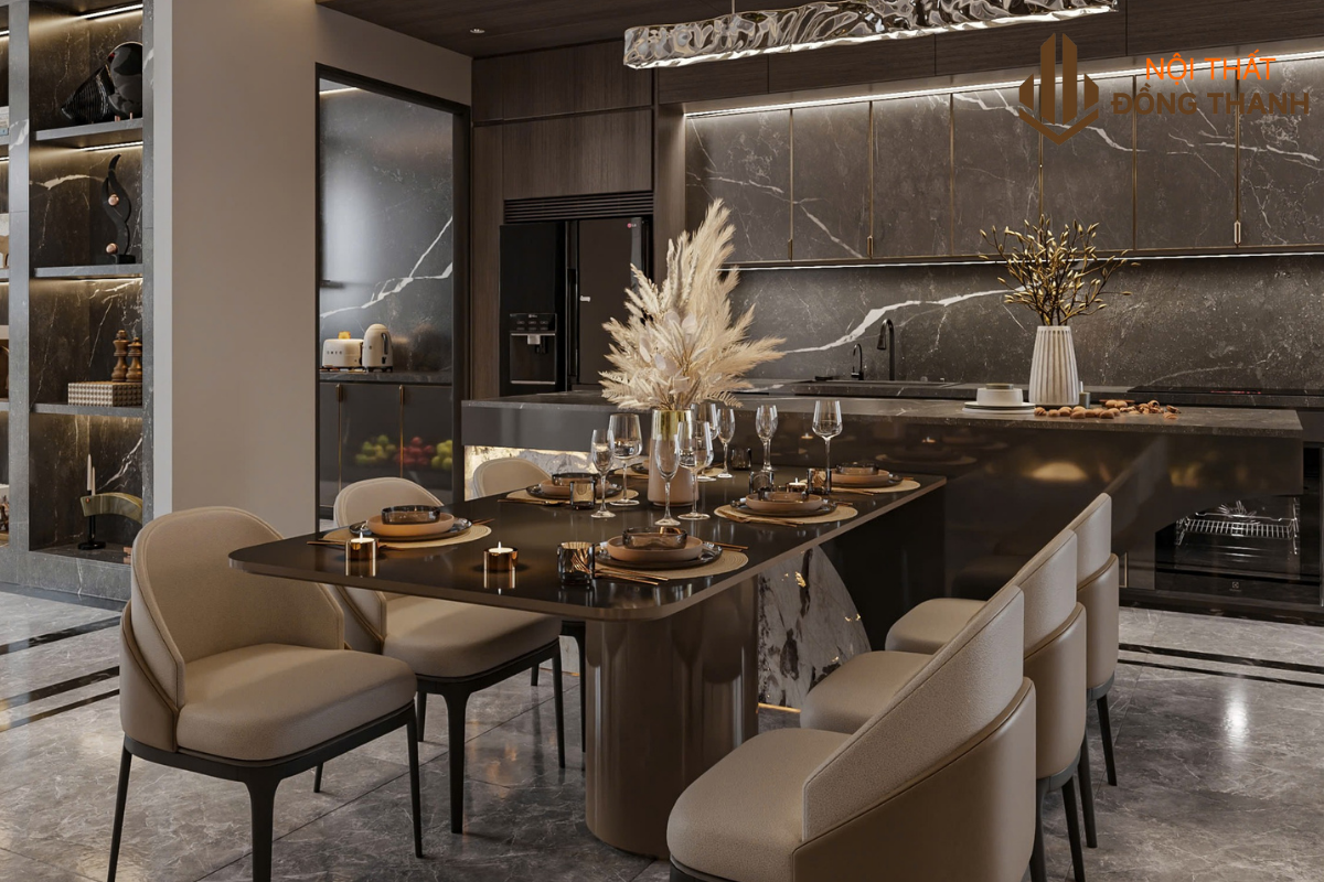 Khu vực bếp và bàn ăn được thiết kế tinh tế
