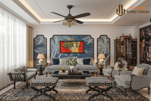Phòng khách với thiết kế phong cách Đông Dương cổ điển