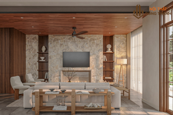 Hệ vách ti vi đá sang trọng, thể hiện tinh thần của công trình