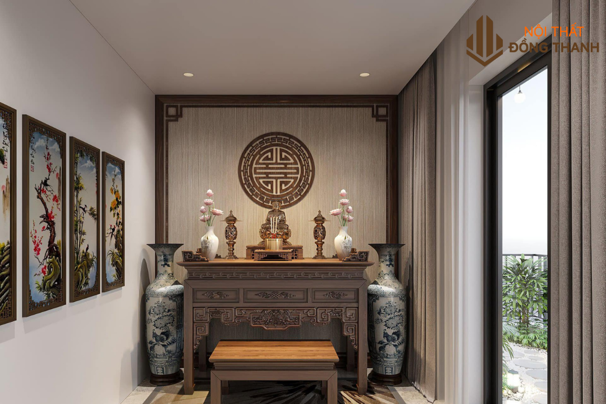 Phòng thờ thiết kế đơn giản với bộ tranh tứ quý