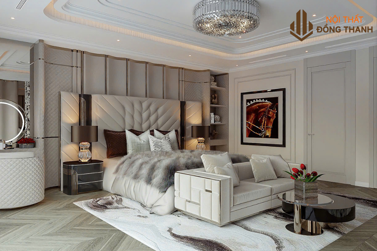 Phòng ngủ với vách đầu giường bọc da cao cấp