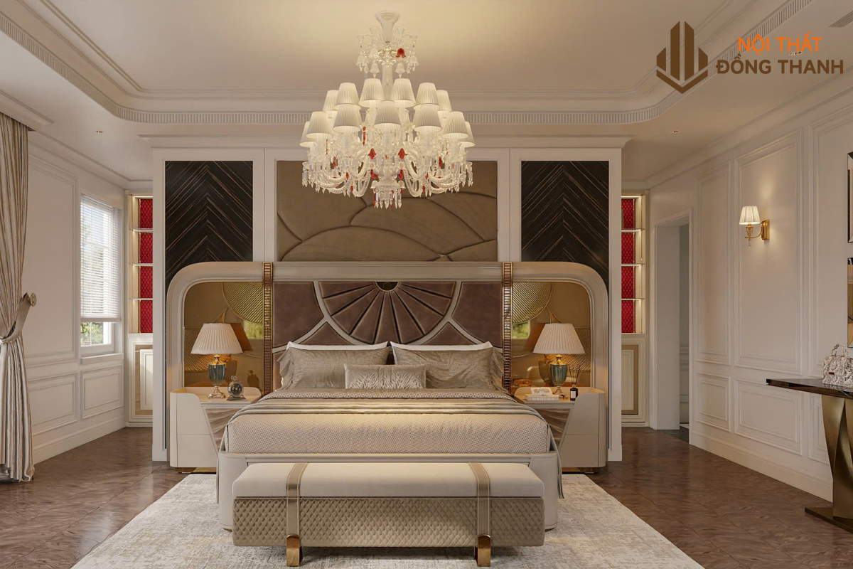 Phòng ngủ có thiết kế tinh tế, giường và tủ đầu giường tiện lợi